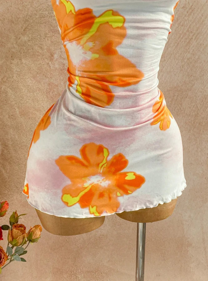 Women Halter Cowl Neck Floral Print Side Ruched Ruffle Hem Mini Dress 2026 Summer Tropical Beach Y2K Going Out Party Bodycon Dre