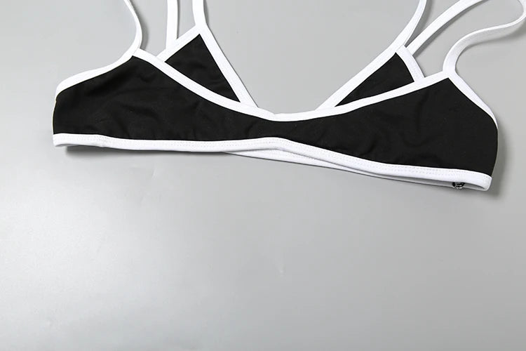 Weird Puss Patchwork 2 Piece Set Women Swimsuit Beach White Border Halter Bra Tops+Panties Basic Skinny Clubwear Vacation Suits