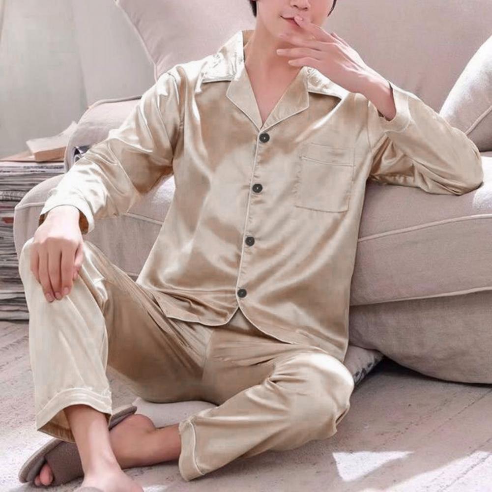 1 Set Men Sleepwear Solid Color Long Sleeved Single Breasted Home Wear Ice Silk Loose Plus Size Pajamas Set For Home