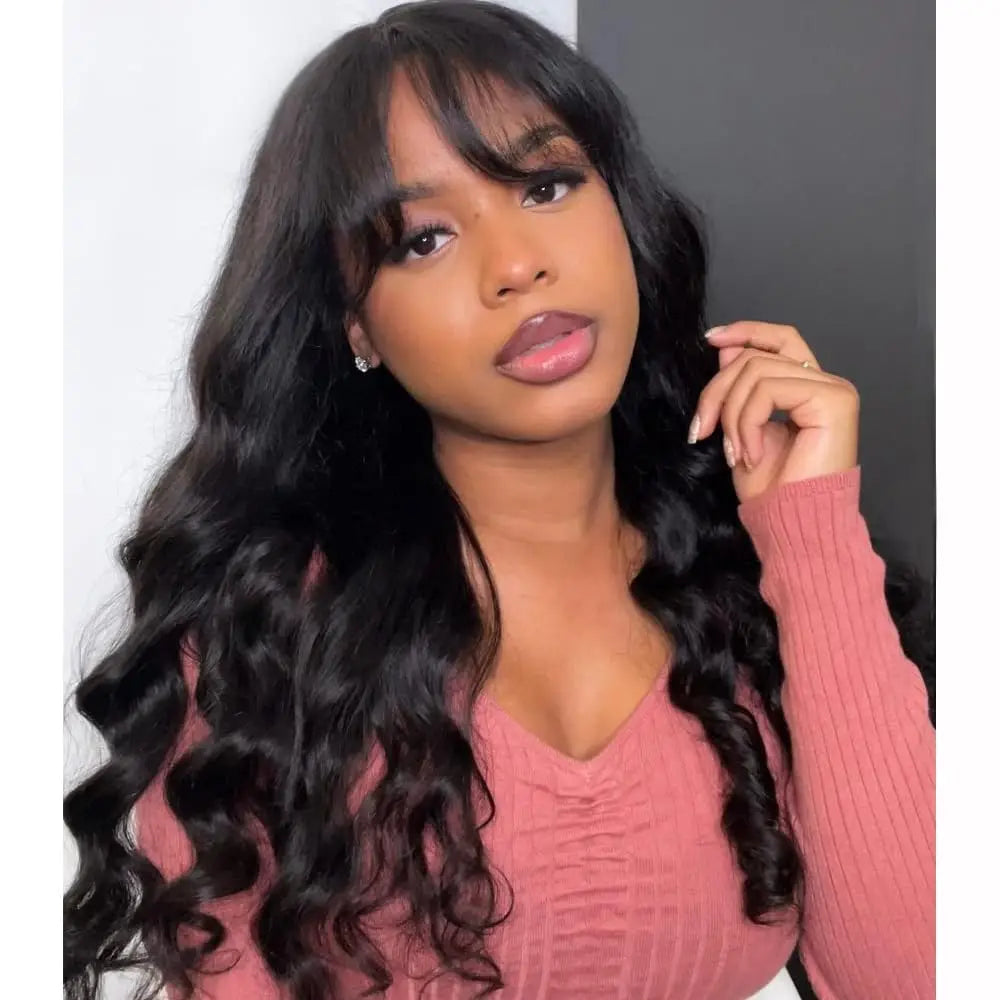 30 inch Body Wave Human Hair Wigs with Bangs Full Machine Made Scalp Top Wig 180% Density Brazilian Remy Hair Fringe Bangs Wig