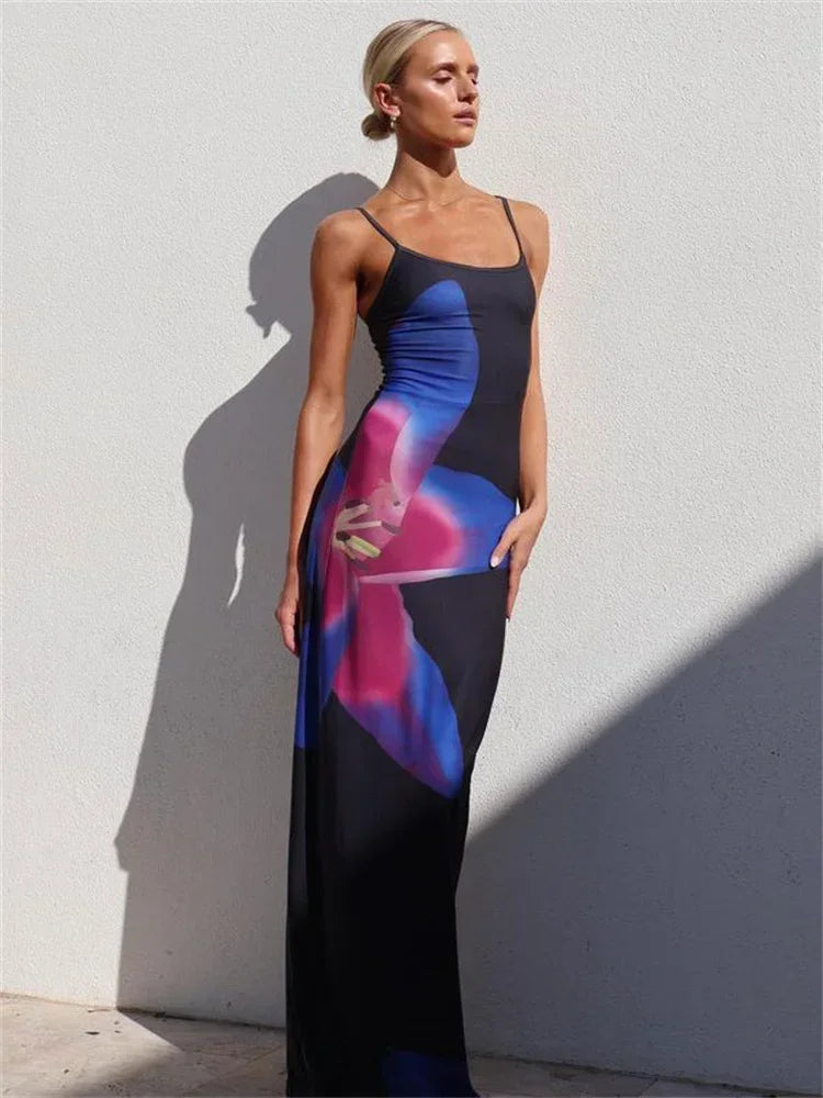 Elegant Printed Backless Long Dress Summer Women's Fashion Contrast Color Party Dress Patchwork Suspender Long Dress 2024 New