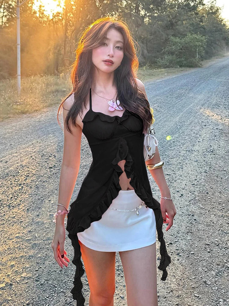 Weird Puss Patchwork Mesh Y2K Sexy Camisole Women Halter Bandage Low-Neck Tassel Ruffles 3d Flowers Midnight Club Sexy Tank Tops