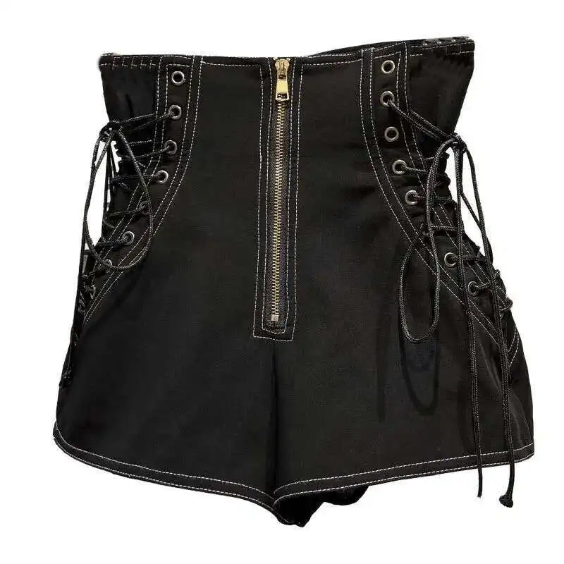 DEAT Women's Fashion High Waist Zipper Design Shorts Trendy Casual A-line Side Straps Short Pants Female Spring New 11A02658