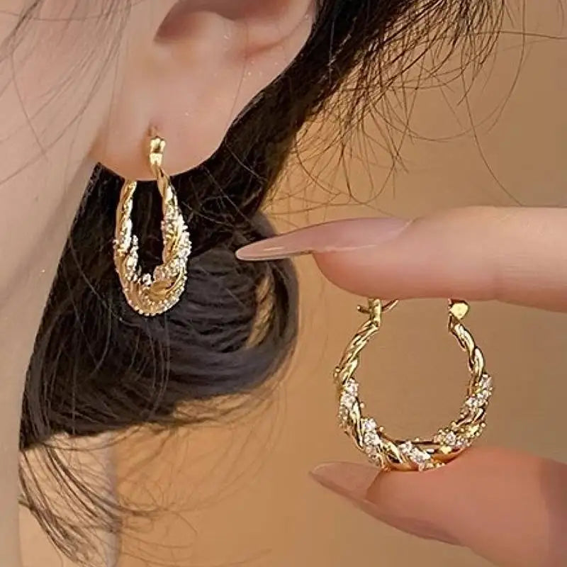 Huitan Aesthetic Women Twist Design Hoop Earrings for Wedding Engagement Luxury Gold Color Inlaid Bright CZ Accessories Jewelry