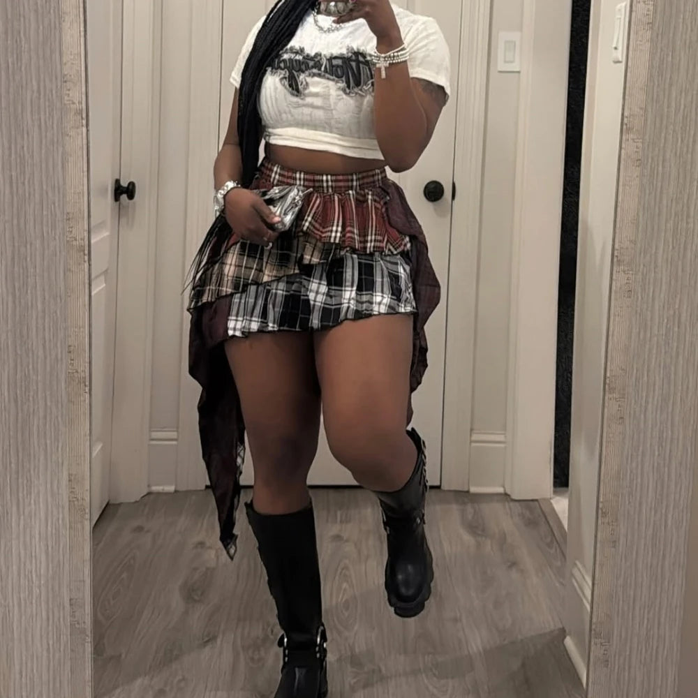 HLJ&GG Fashion Plaid Printing Irregular Mini Skirts Two Piece Sets Women O Neck Short Sleeve Top And Skirts Outfits Streetwear