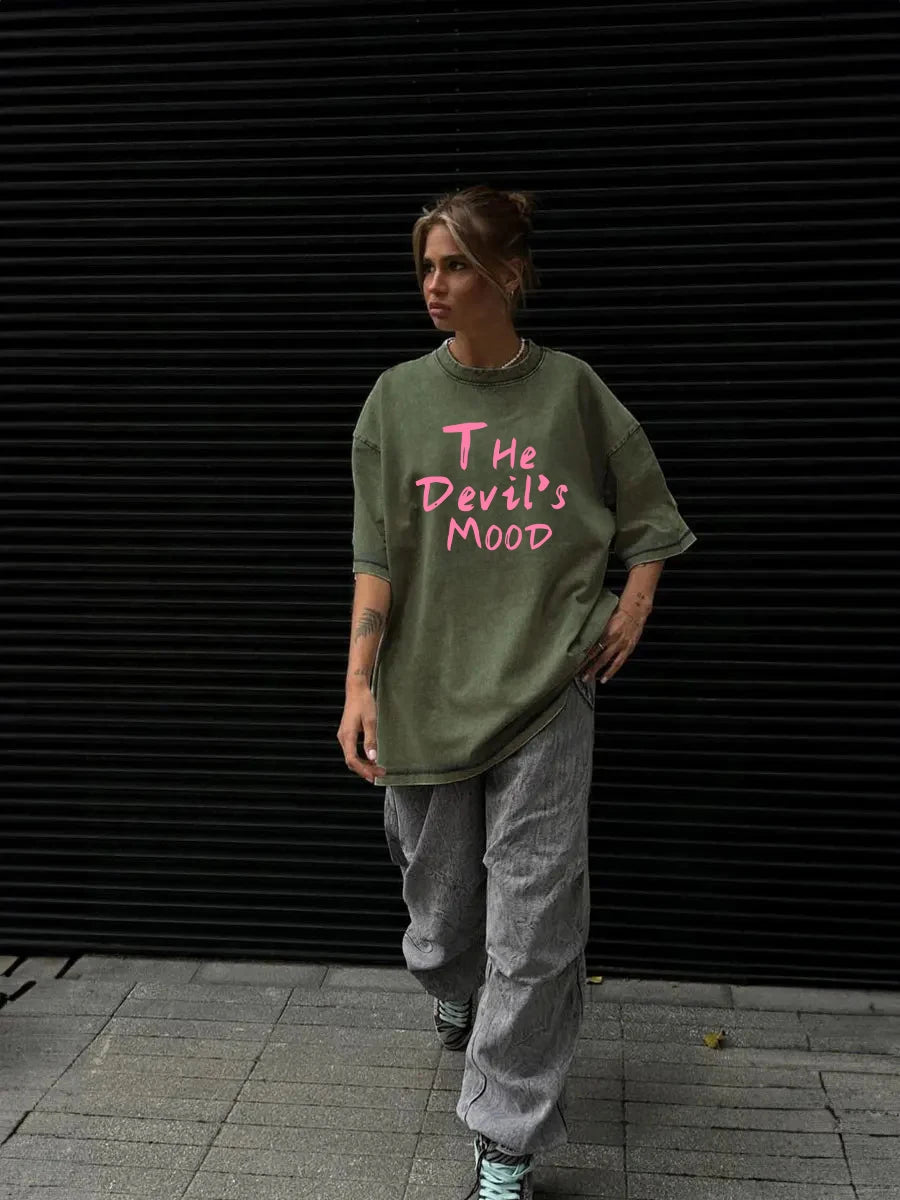 Pink Letter Design Washed T Shirt Women Vintage Cotton T-shirts Streetwear Soft Mineral Tees Girl Loose Female Tee Tops Y2k