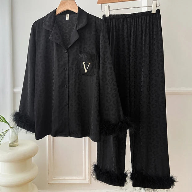 Female 2PCS Pajamas Set Spring Autumn Feathers Long Sleeve Trouser Suits Sleepwear Fashion Sexy Rayon Hot Pink Leopard Homewear