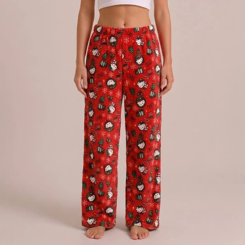 Hello Kitty Fleece Coral Pajama Pants Soft Trousers Women Casual Home Trousers Anime Cartoon Birthday Gift