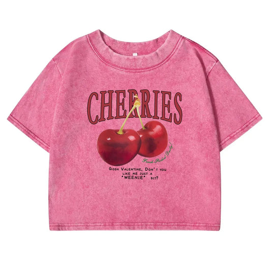 Red Cherries Letter Printed Female T-shirt Fashion Summer Washed Clothing Casual Cotton Crop Top Retro Tee Shirts For Women