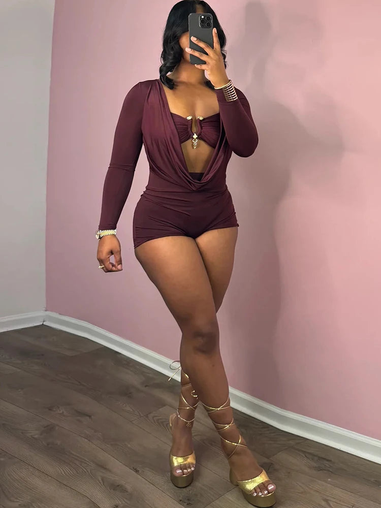 Swing Collar Romper & Metal Buckle Bra Set — Women's Party