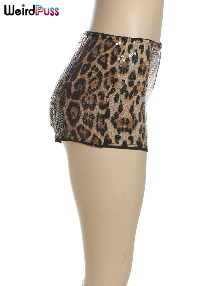 Weird Puss Leopard Print Mini Shorts Women Sequins Patchwork Wild Skinny Stretch Streetwear Autumn Midnight Sexy Trend Buttoms