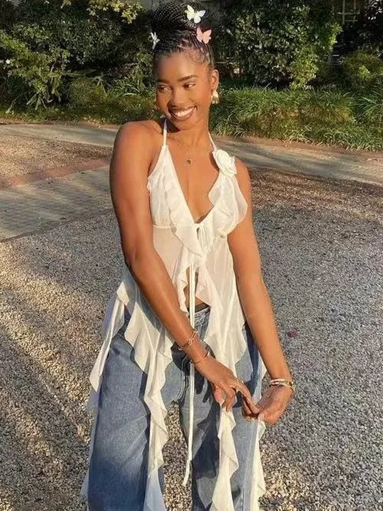 Weird Puss Blossoms Tank Tops Women Ruffles Y2K Summer Trend Sexy V-Neck Irregular Tassel Halter Backless Wild Street Camisole