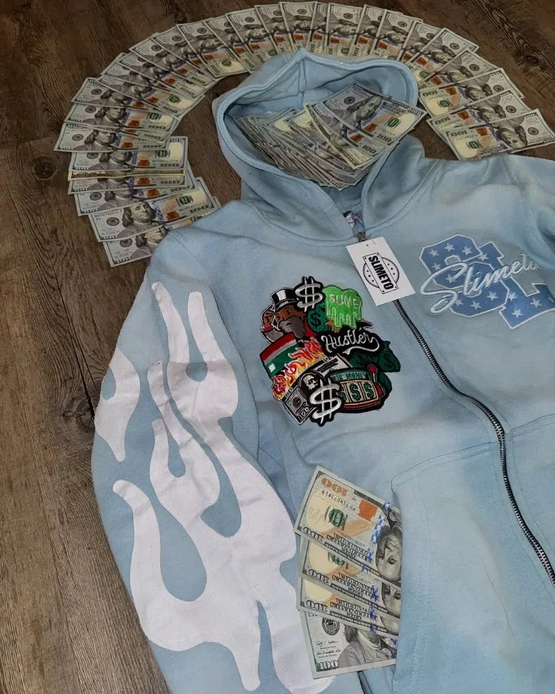 Harajuku Trend Brand Casual Loose Oversized Zipper Hoodie Men Y2k Gothic Retro Letter Flame Embroidered Sweatshirt Jacket Women