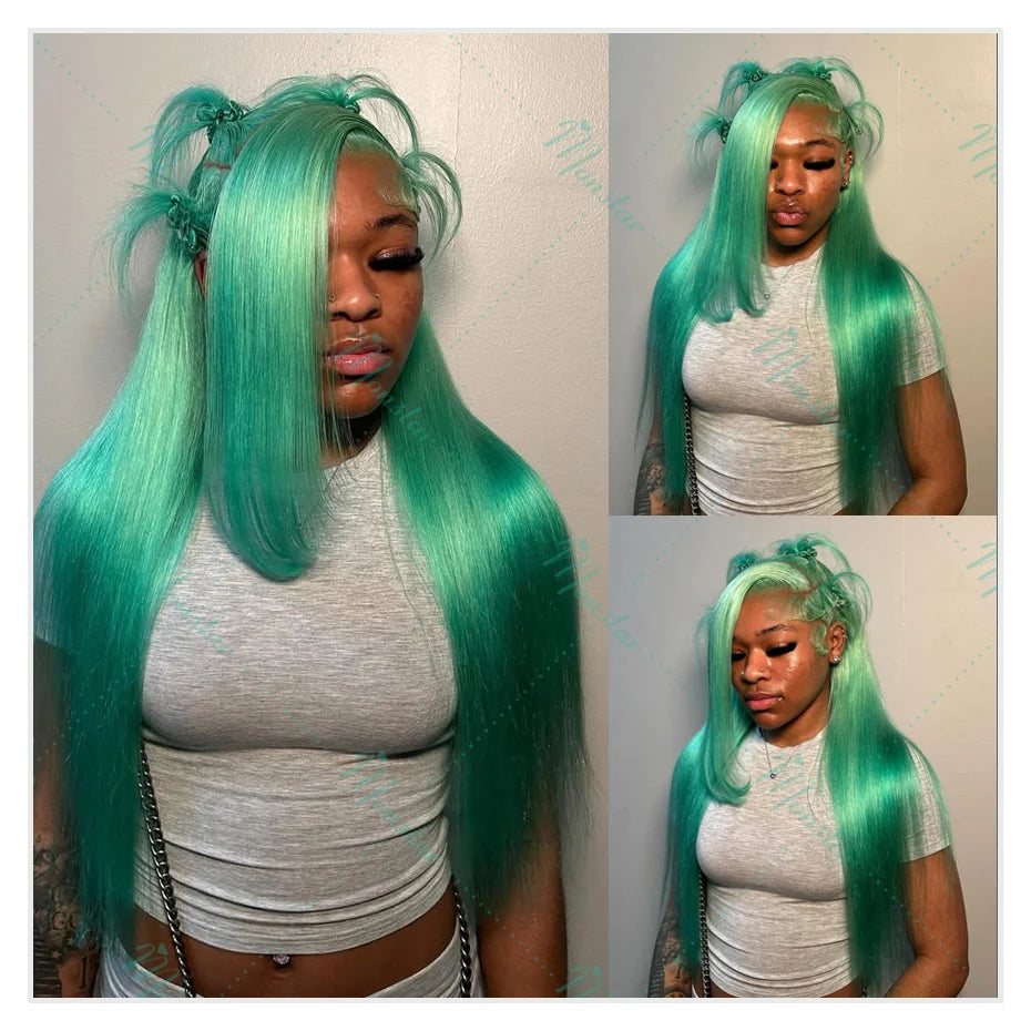 Mint Green Colored Human Hair Wigs Brazilian Straight 13x6 HD Transparent Lace Frontal Human Hair Wigs for Black Women 200% 250%