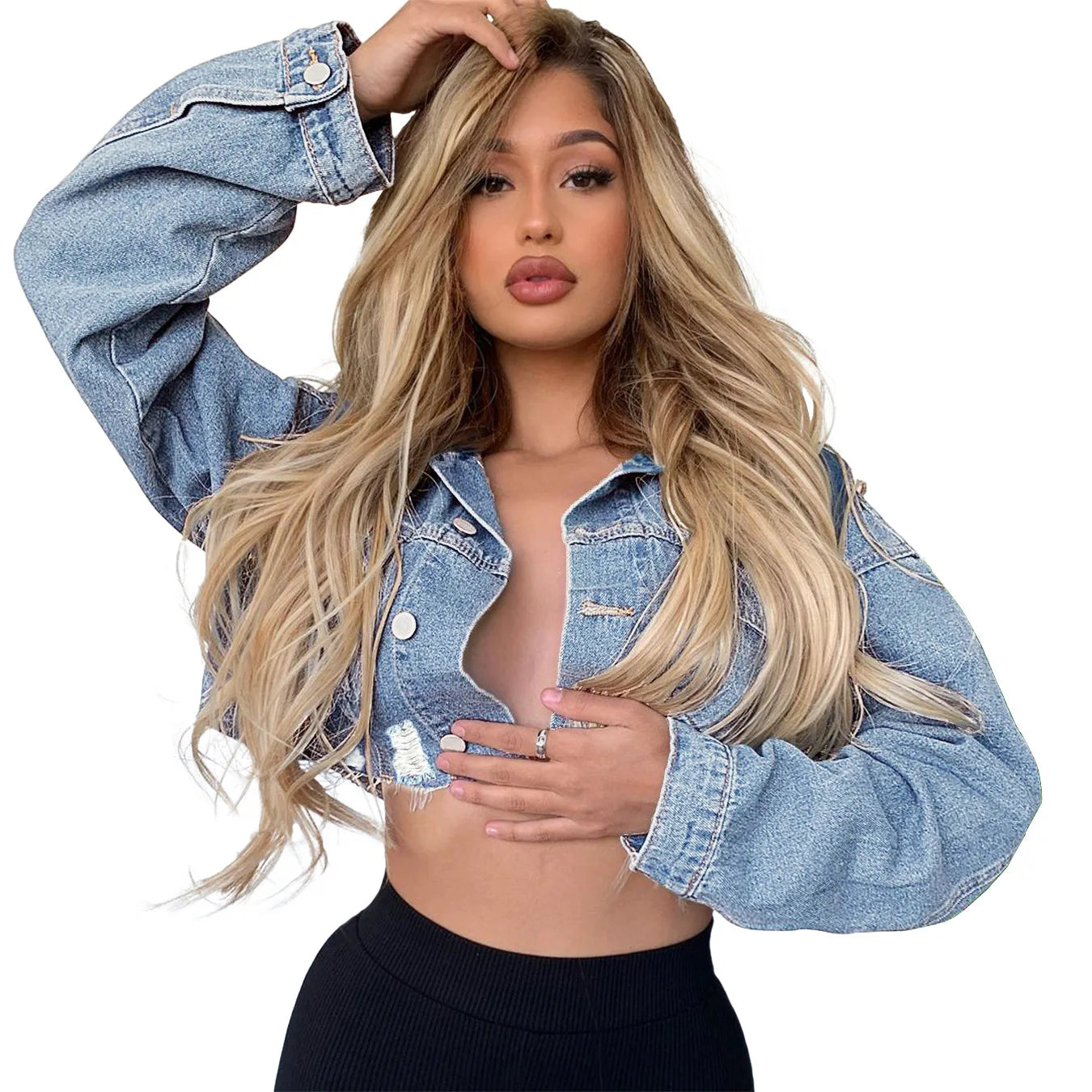 2023 Autumn New Long Sleeve Ripped Jacket Fashion Sexy Short Jeans Coat Casual Clothing XS-L