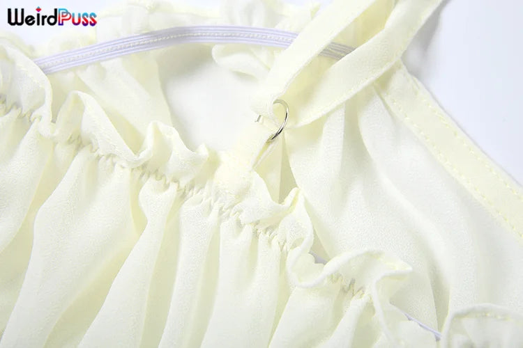 Weird Puss Ruffles 2 Piece Set Women Summer Vacation Beach Style Thin Camisole+Ruched Sexy Peach Hip Skirts Matching Clubwear