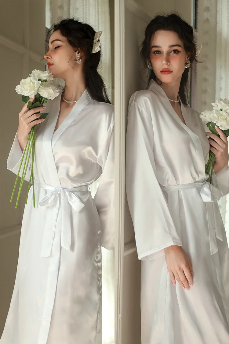 White Silk Satin Bride Bridesmaid Wedding Robe Dress Women's Sleepwear Long Kimono Bathrobe Gown Sexy Loose Home Wear Loungewear