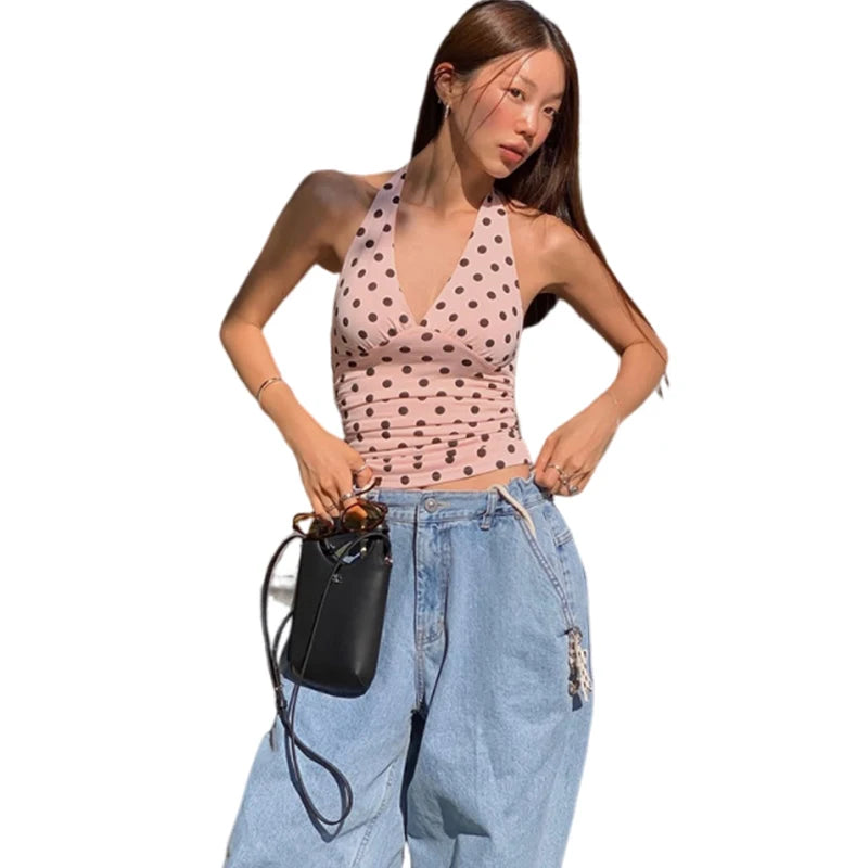 weird Puss Halter v-Neck Vest Women Y2K Lace-Up Backless Polka Dot Print  Skinny Summer Fashion Daily Street Basic Tank Tops
