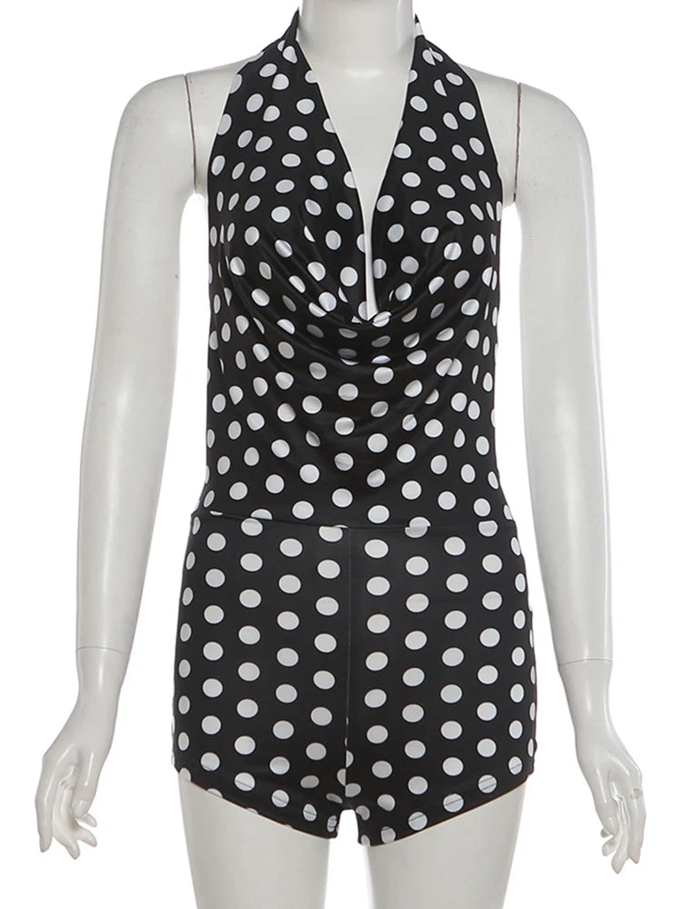 Weird Puss Fashion Swing Collar Romper Women Trend Sexy Hottie Backless Polka Dot Print Halter Midnight Party Street Clubwear