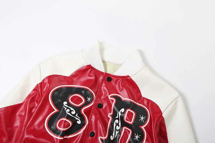 Weird Puss PU Patchwork Crop Jacket Woman Uniform Letter Print Full Sleeve Single-Breasted Cardigan Skinny Single-Button Coat