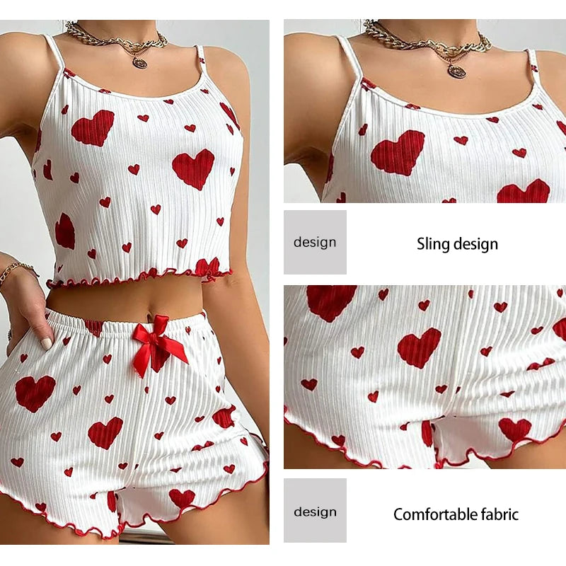 Cherry Temptation Home Love Print Flowing-Sleeve Short Pants for Casual Wearing, Women's Sleepwear Set
