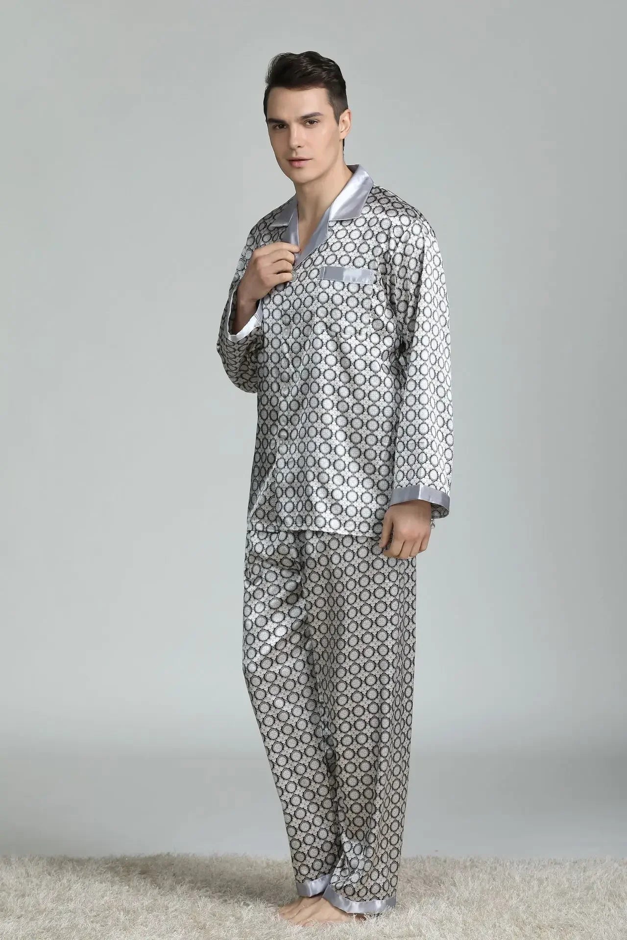 Silk Satin Pajamas for Men Sleepwear Cozy Soft Print Long Sleeve Nightgown Tops + Trousers Two Pieces Mens Pajama Set