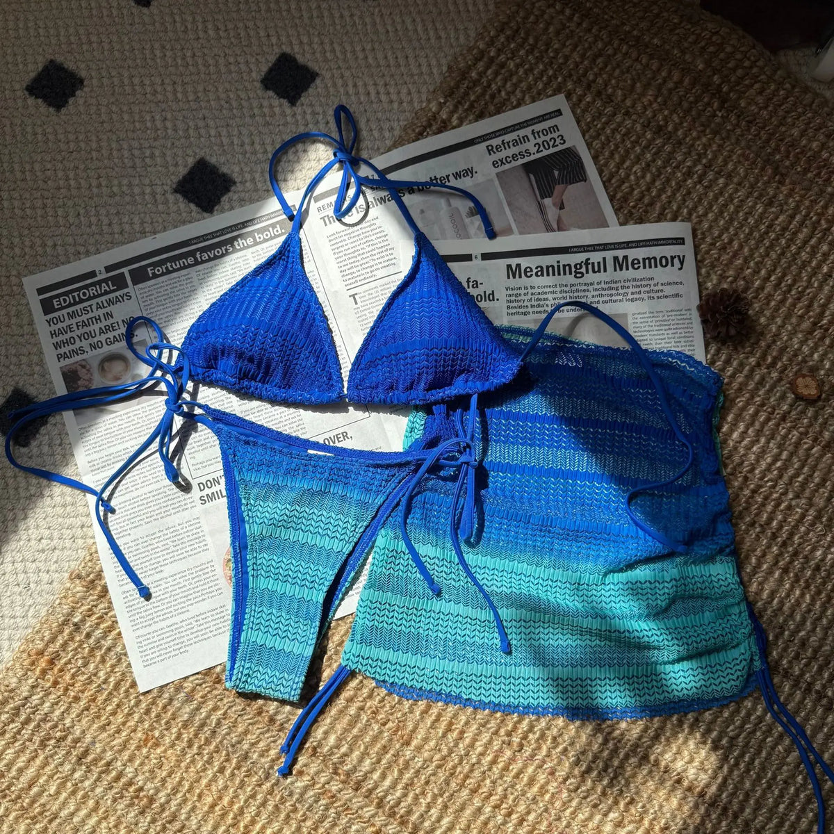 2025 new gradient mesh three-piece set beach bikini beach beach seaside skirt swimsuit