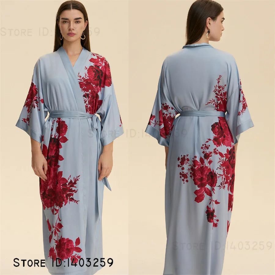 Plus Size Print Flower Long Robe Kimono Gown New Female Sleepwear Bathrobe Home Dress Loose Silky Satin Night Clothes Loungewear