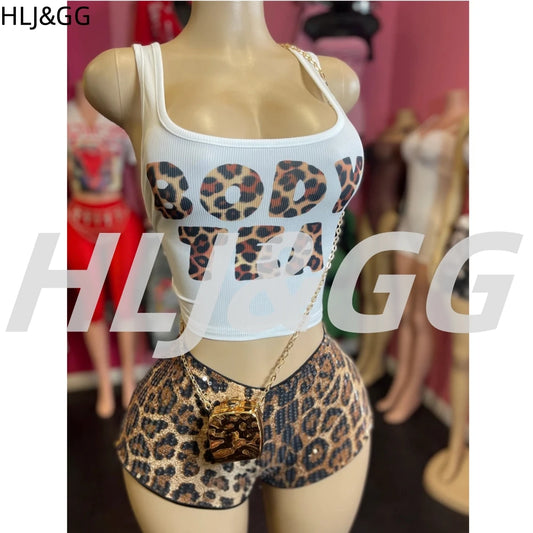 HLJ&GG Y2K Summer New Letter Tank Top Two Piece Sets Women Round Neck Sleeveless Vest + Sequin Leopard Shorts Outfits Streetwear