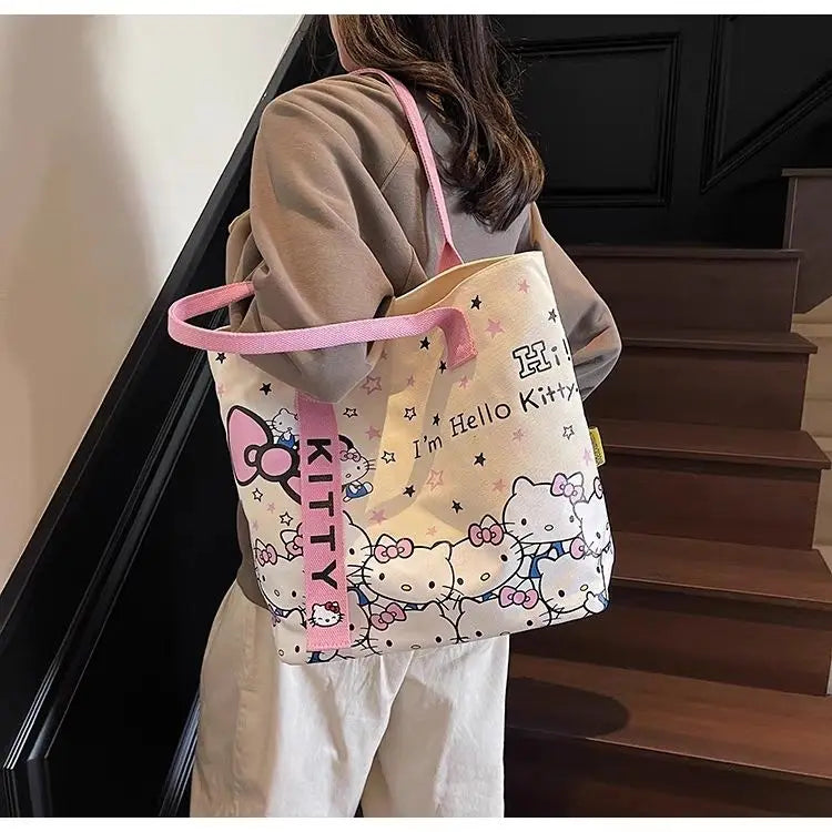 New Model Hello Kitty Cartoon Canvas Bag Cute Commuter Versatile One-Shoulder Tote Bag Large-Capacity Storage Bag