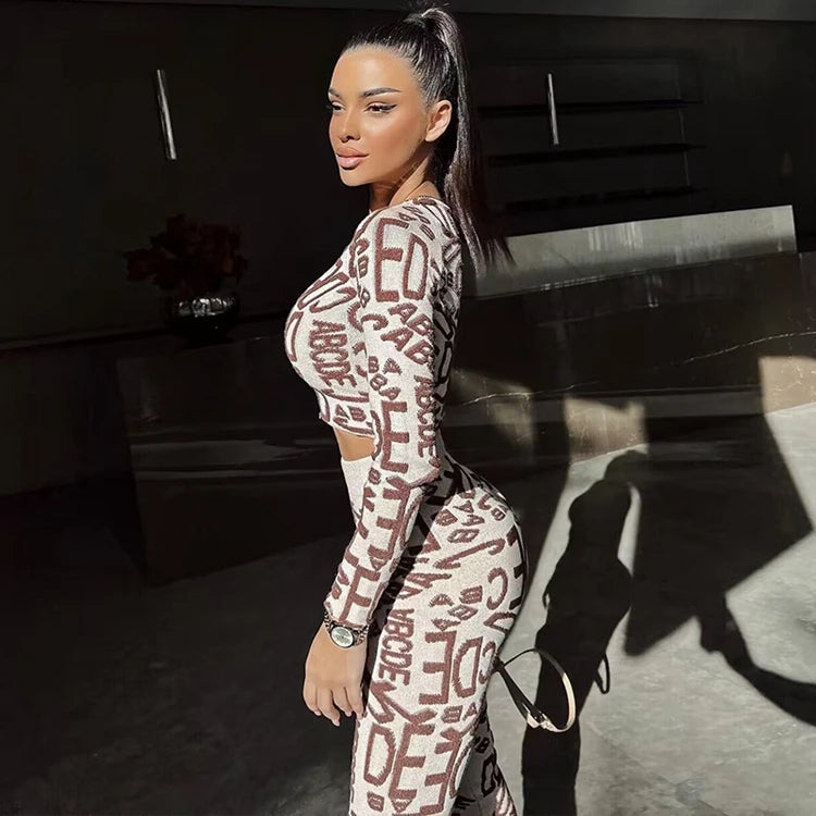 STYLISH LADY Letter Printed Sporty 2 Piece Set Women Long Sleeve Crop Top and Skinny Pant Suits 2025 Summer Sexy Street Outfits