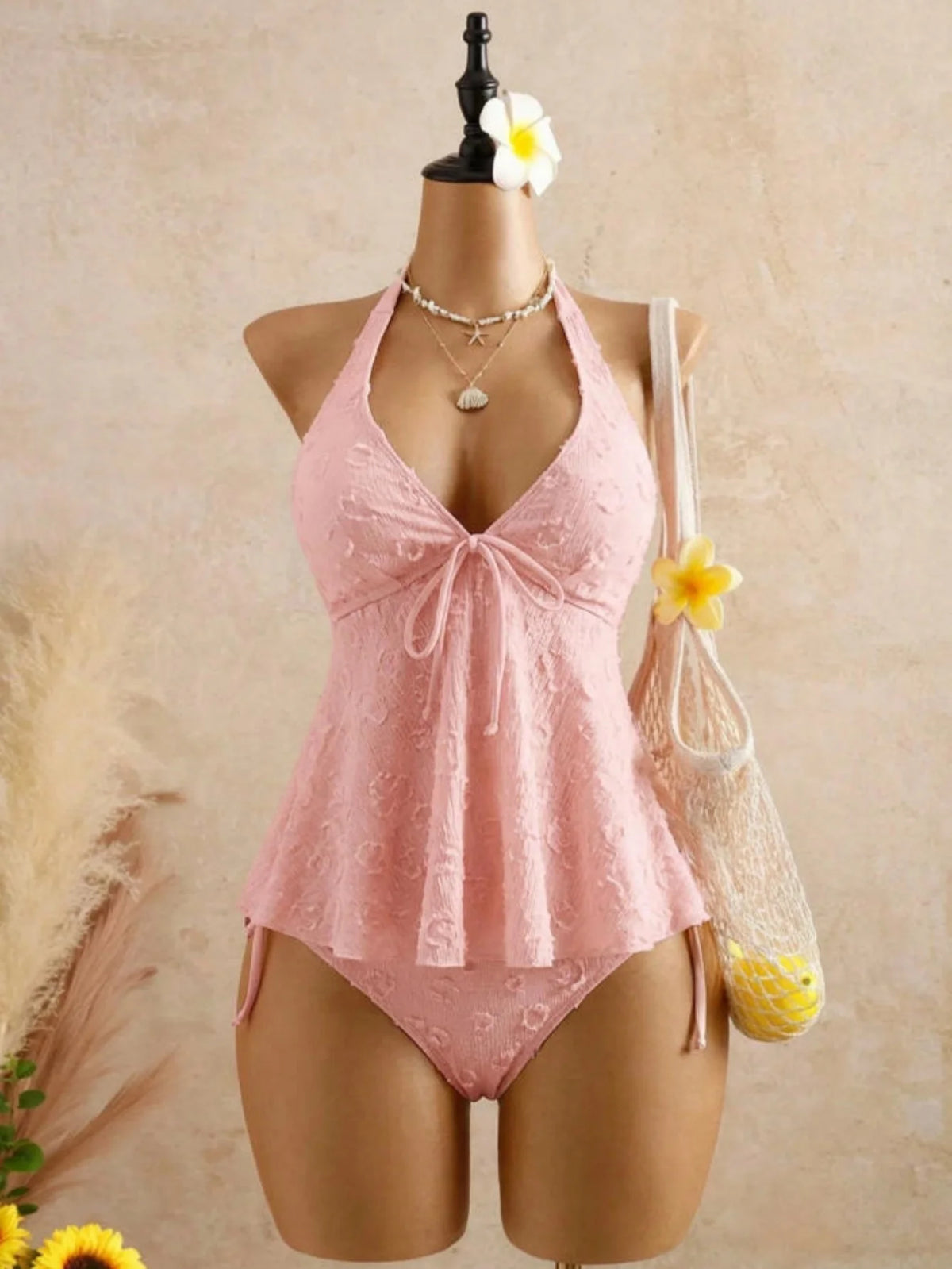 Sexy Front Tie Bikini Set 2026 Pink White V Neck Tank Top Tie Side Thong Swimsuit Summer Bathing Suit Holiday Two Piece Swimwear