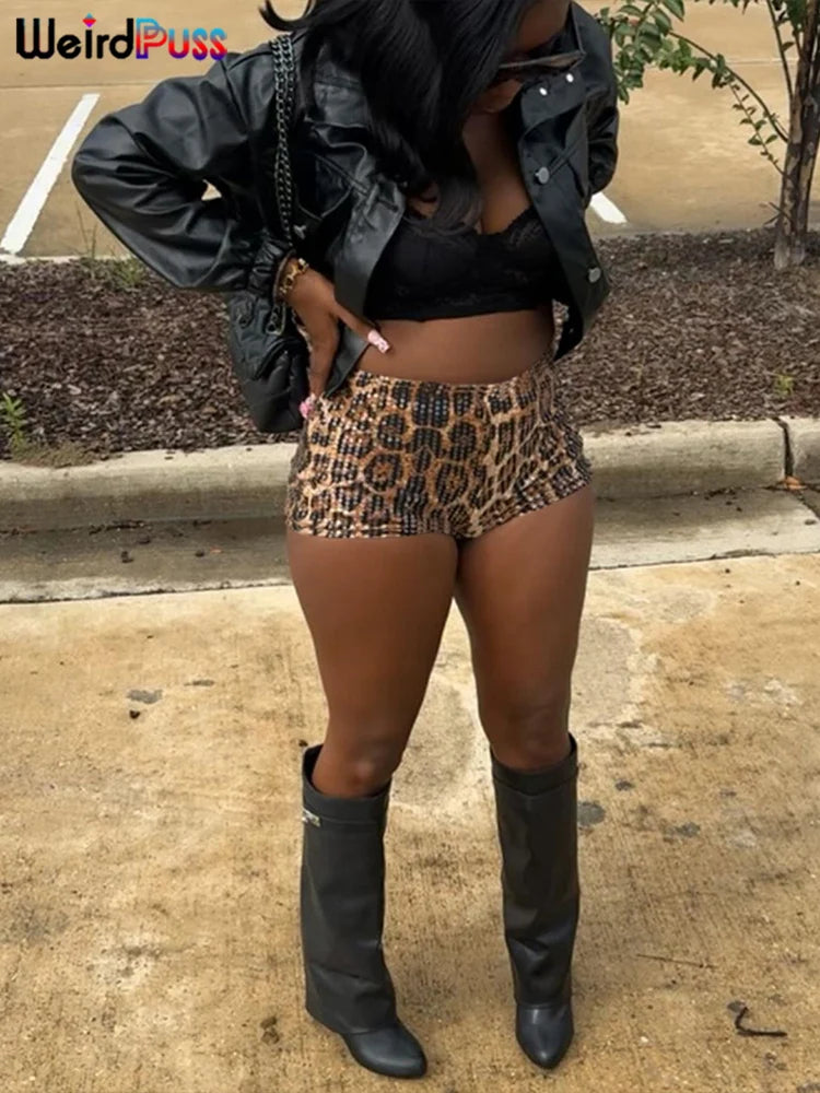 Weird Puss Leopard Print Mini Shorts Women Sequins Patchwork Wild Skinny Stretch Streetwear Autumn Midnight Sexy Trend Buttoms