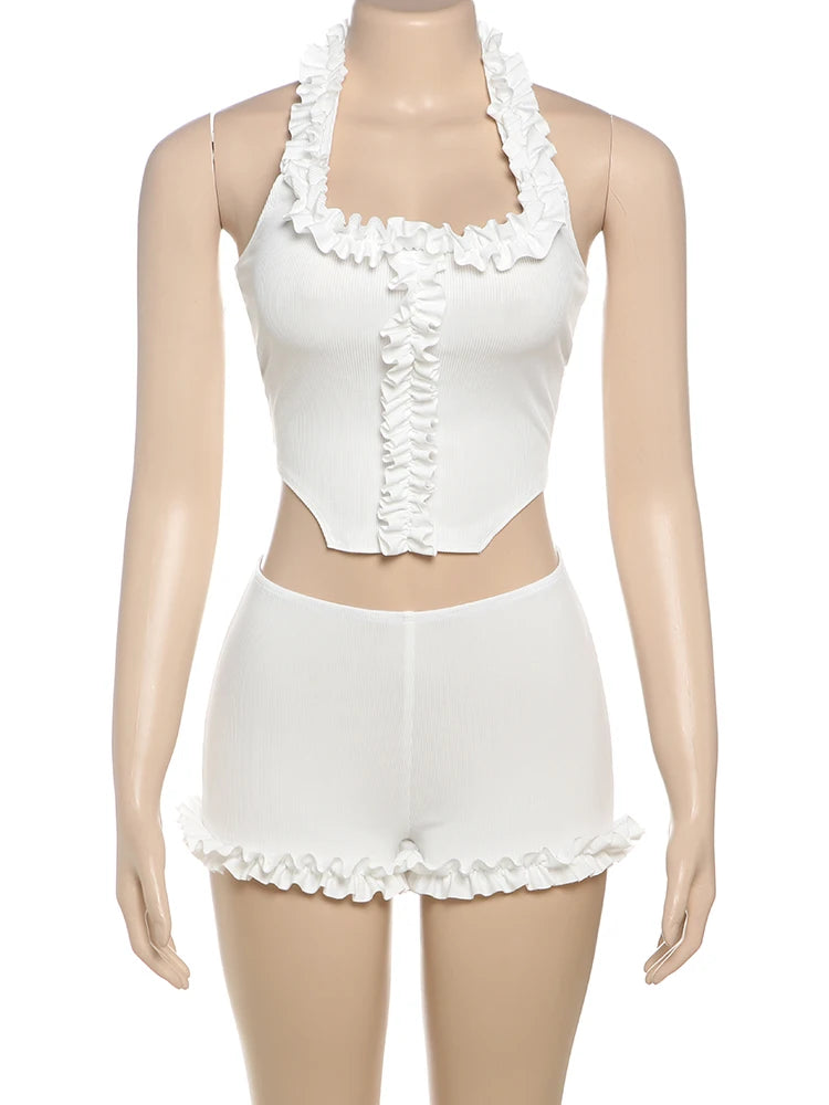 Weird Puss Ribbed Casual 2 Piece Set Women Ruffles Square Collar Backless Tank Tops+Skinny Shorts Versatile Style Trend Outfits