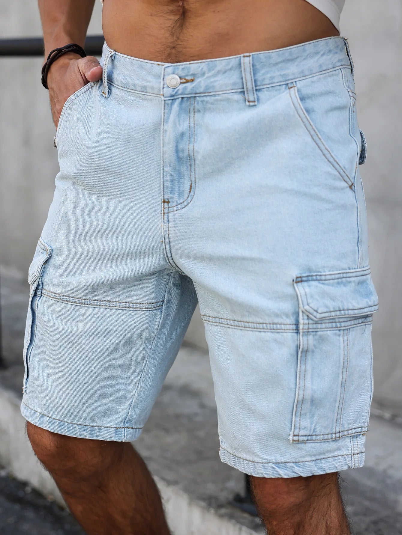 summer light blue regular denim shorts. In a utility style. With a multi-pocket design. Casual street style. Men's jeans
