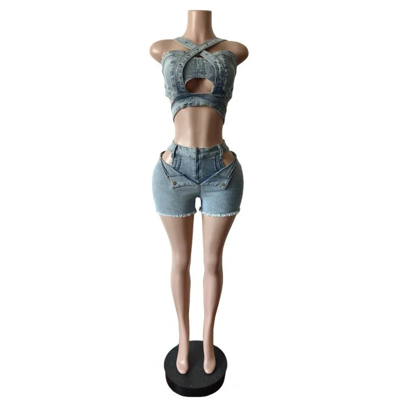 Streetwear Jeans Shorts Outfit Set Sexy Women Elegant Two Pieces Denim Club Matching Set Top+Shorts