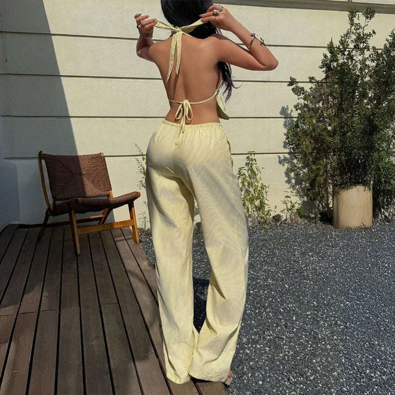 2026 Summer Hot Selling Neck Hanging Deep V-stripe Top and Elastic Waist Pants Two-piece Set for Women