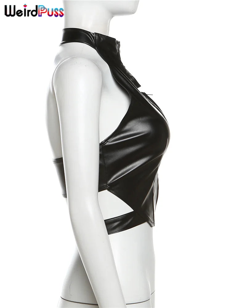 Weird Puss PU Backless Women Tank Tops Halter Neck Sleeveless Zipper Decoration Sexy Punk Nightclub Streetwear Summer Wild Vest