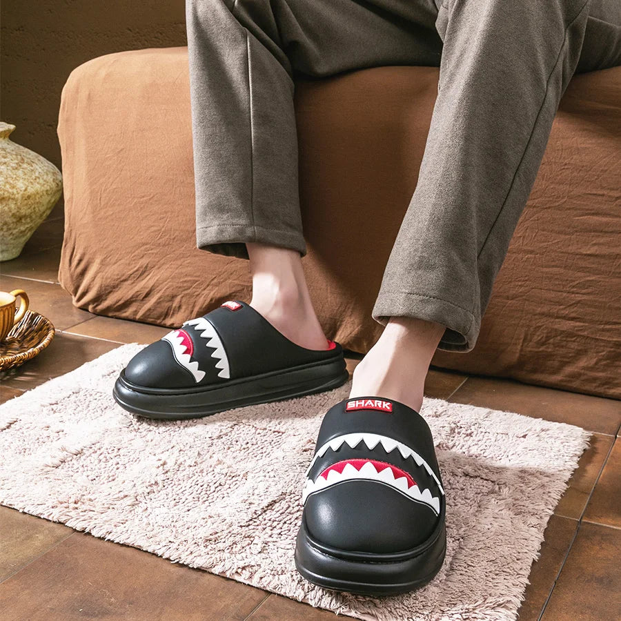 Warm Platform Slippers Men PU EVA Memory foam Soft Shark Cute Design Comfortable Non Slip House Shoes High Quality