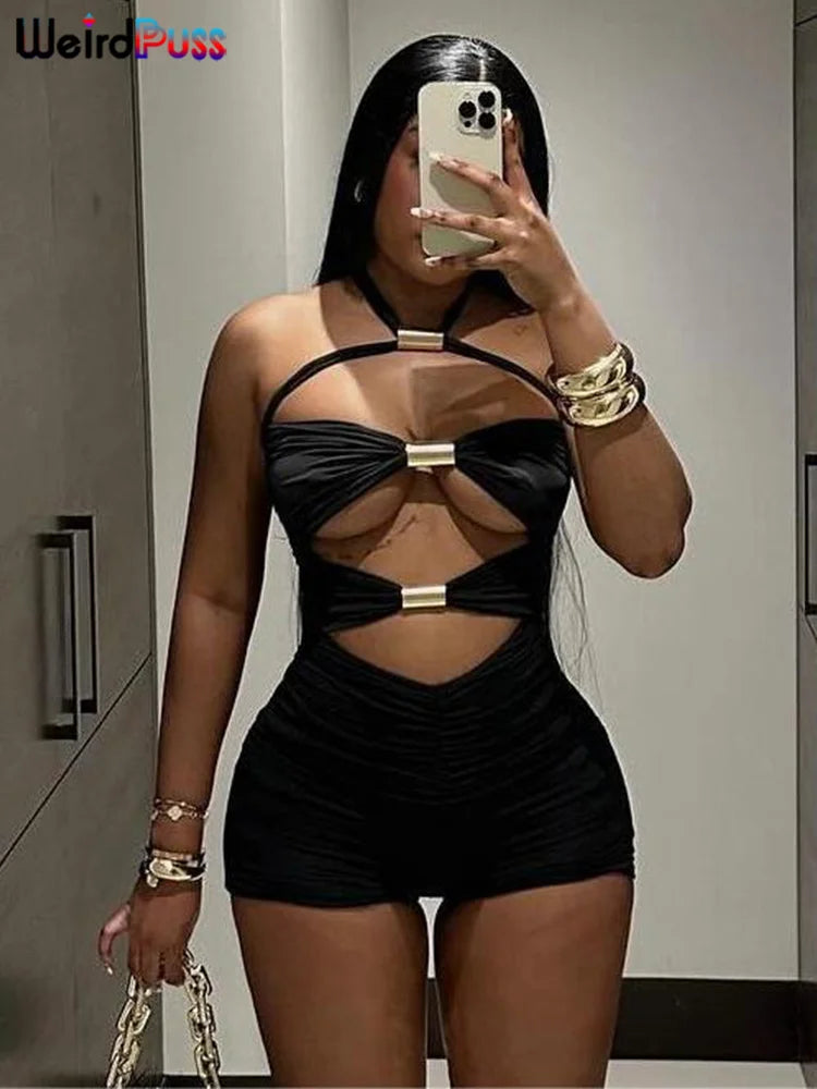 Weird Puss Ruched Romper Women Chic Metal Buckle Hollow Backless Halter Sleeveless Hipster Stretch Luxury Slim Playsuit Clubwear