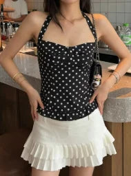 Weird Puss Polka Dot Print Top Women Halter Low-Neck Bandage Ruffles Backless Sleeveless Skinny Summer Trend Street Basic Vest