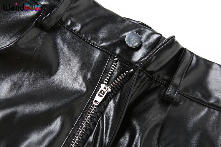 Weird Puss PU Hipster Leather 2 Piece Set Women Fall Trend v-Neck Cross Sash Sexy Crop Tops+Shorts Matching Streetwear Outfits