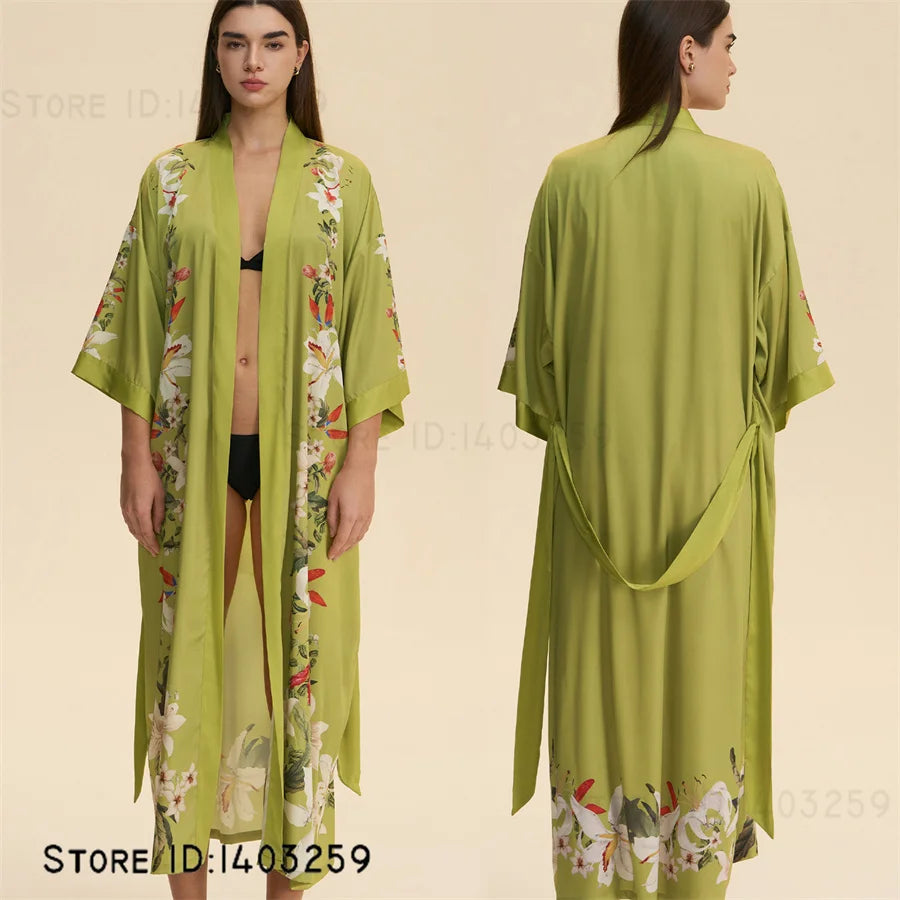 Plus Size Print Flower Long Robe Kimono Gown New Female Sleepwear Bathrobe Home Dress Loose Silky Satin Night Clothes Loungewear