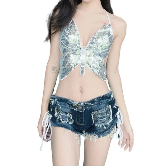 Women's Y2K Low Rise Denim Micro Shorts Lace-Up Side Frayed Booty Shorts for Rave Party Nightclub