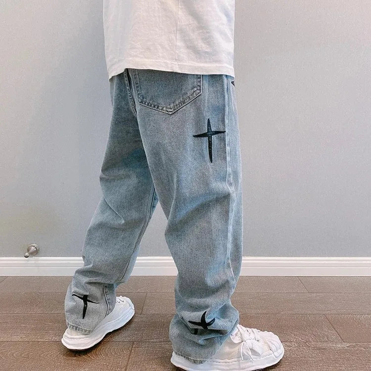Boyfriend Vintage Fashion Straight Casual Loose Denim Cargo Pants Men Designer Prints Star denim pants Streetwear Loose Wide Leg Jeans