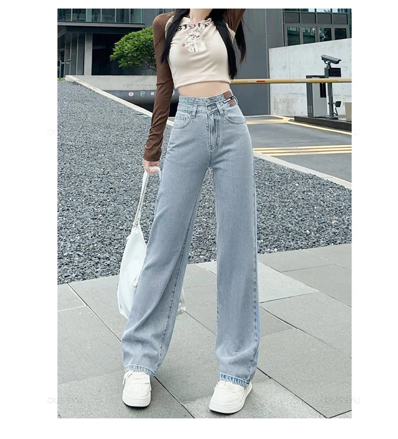 OUSSYU Woman Jeans High Waist Straight Wide Leg Cotton  Clothing Blue Streetwear Vintage Fashion Harajuku Women Trousers