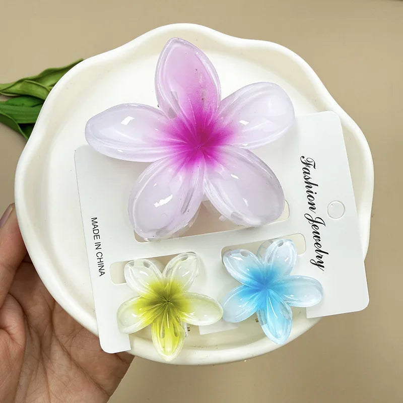 3Pcs Sweet Colorful Plumeria Flower Shark Clip Hair Claw Bohemian Ponytail Clip Plastic Hairpin Barrette Summer Hair Accessories