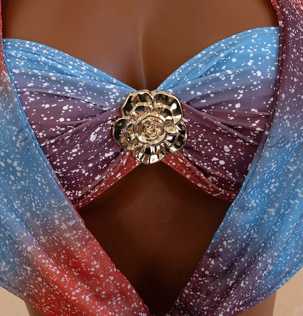 Sexy Blue Gradient Bikini Set 2026 Women Metal 3D Flower Push Up High Waist Pleate Skirt Swimsuit Holiday Bathing Suit Swimwear