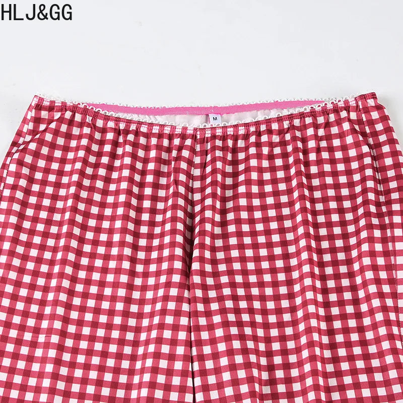 HLJ&GG Summer New Halter Tank Top Two Piece Sets Women Backless Slim Vest And Plaid Print Shorts Outfits Fashion 2pcs Streetwear