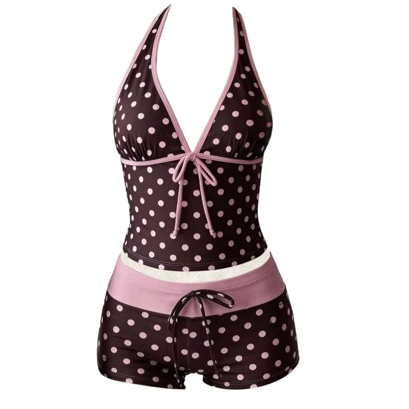 Women Swimwears Polka Dot 2-Piece Tankini Set Halter V Neck Front Tie Cami Top & Contrast Waistband Drawstring Swim Shorts